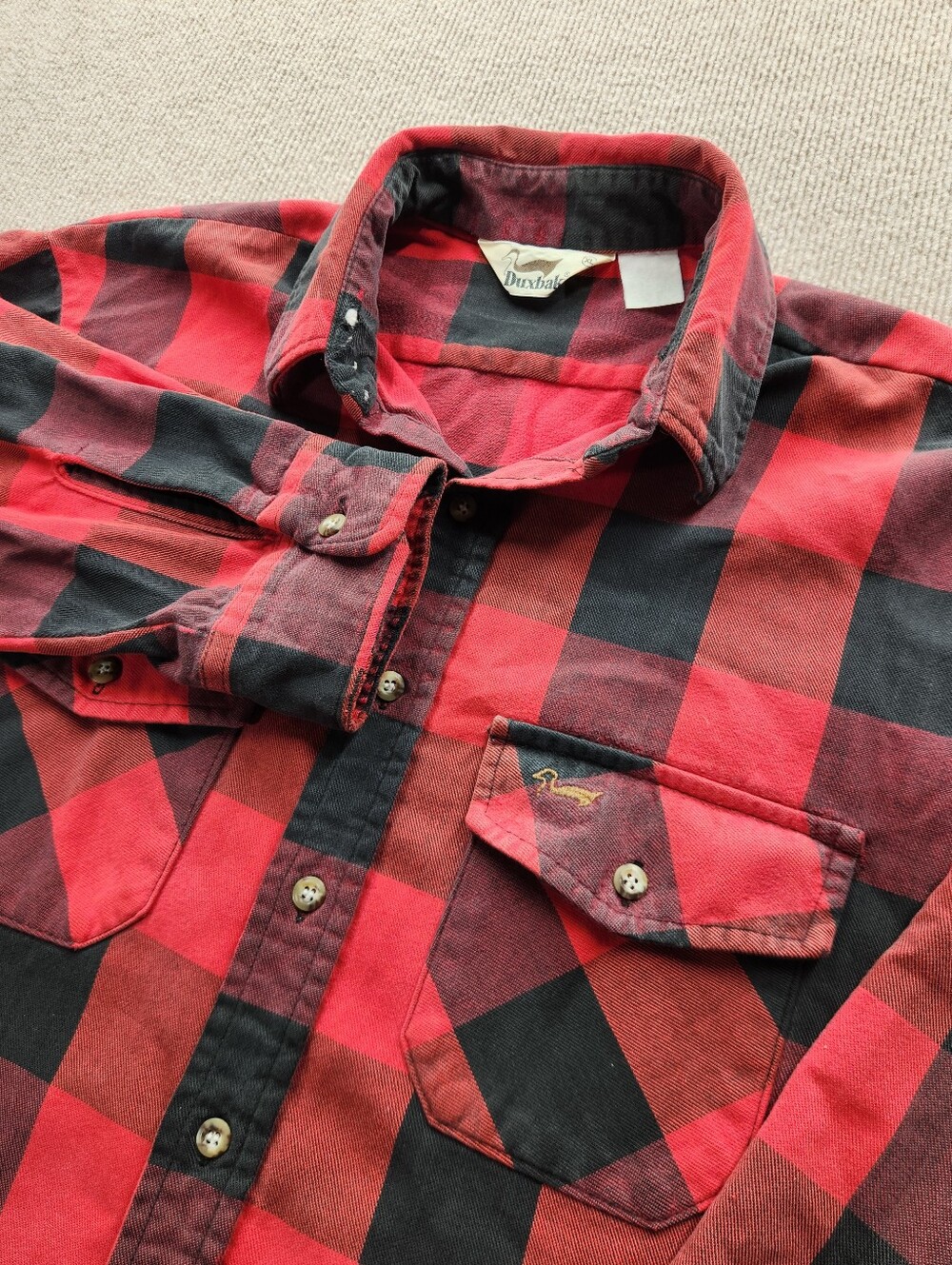 Vintage Duxback Mens XL Red Black Plaid Long Sleeve Button Up Flannel Shirt
